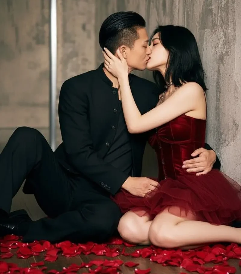 شروع رابطه عاشقانه پرشور، زوج در حال بوسیدن در شب، فضای رمانتیک با گلهای پراکنده اطراف