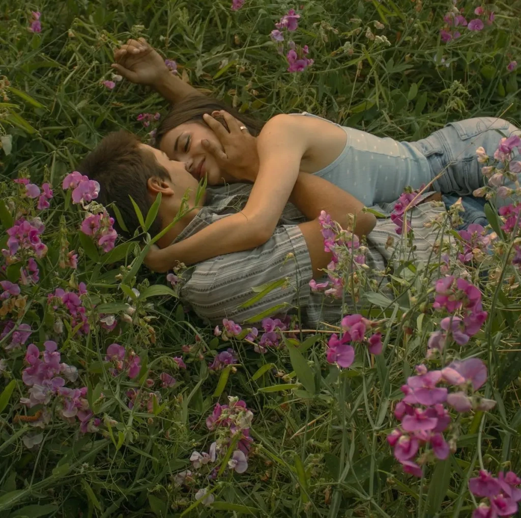 زوجی در دشت گلها در آغوش هم دراز کشیدهاند و استراحت میکنند