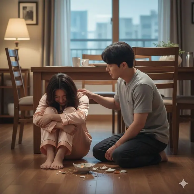 زن گریان کنار ظرف شکسته و مرد نشسته مقابل او، بحران عاطفی در رابطه زوجین