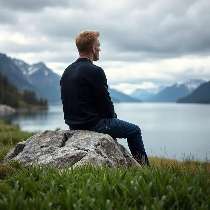 مردی کنار ساحل نشسته و در فکر فرو رفته