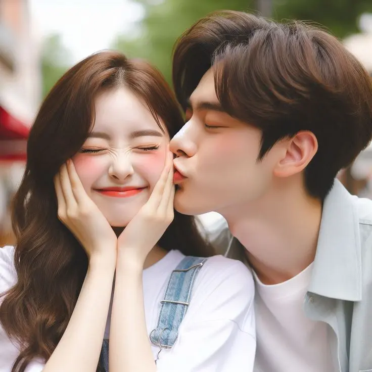 زوج عاشق در حال بوسیدن، مرد در حال بوسیدن لپ زن، لحظهای صمیمی و احساسی