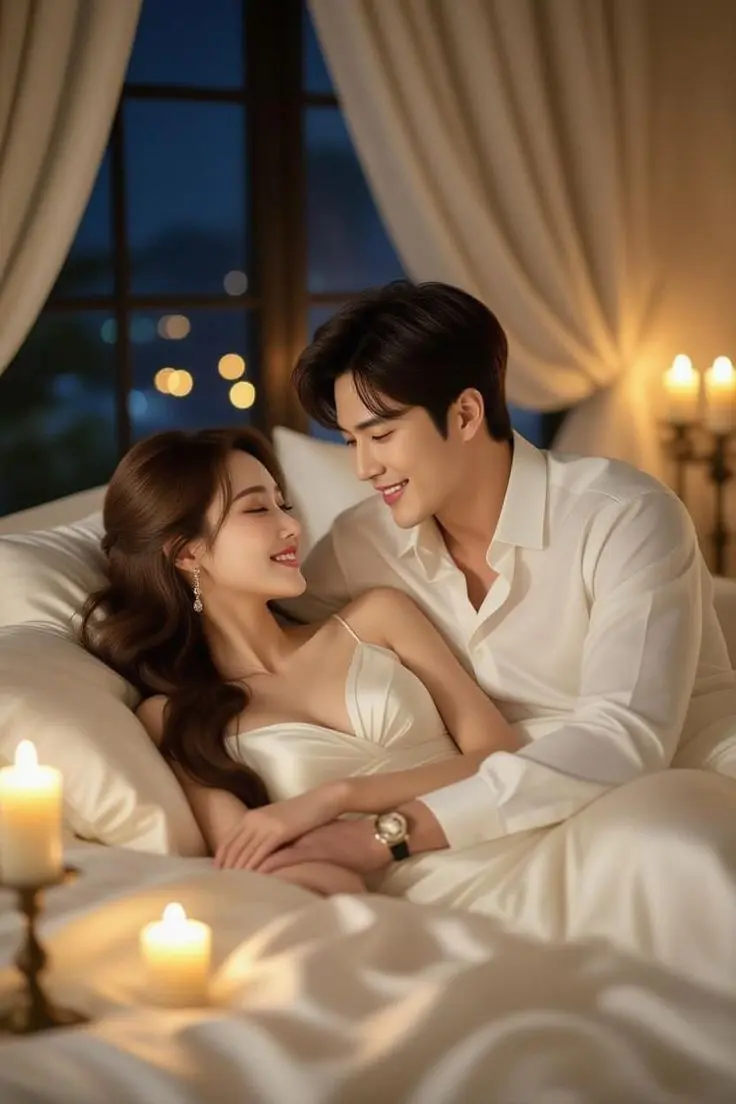 زوج عاشق در رختخواب، خندان و صمیمی در فضای شبانه، لحظهای از شادی و آرامش