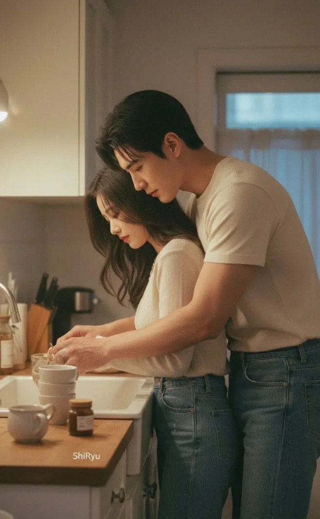 زن و شوهر در حال انجام کارهای خانه با همکاری و لبخند