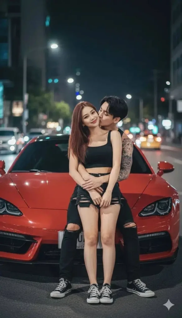 دختر و پسر کنار یک ماشین لوکس ایستادهاند، با لباسهای شیک و نگاه صمیمانه