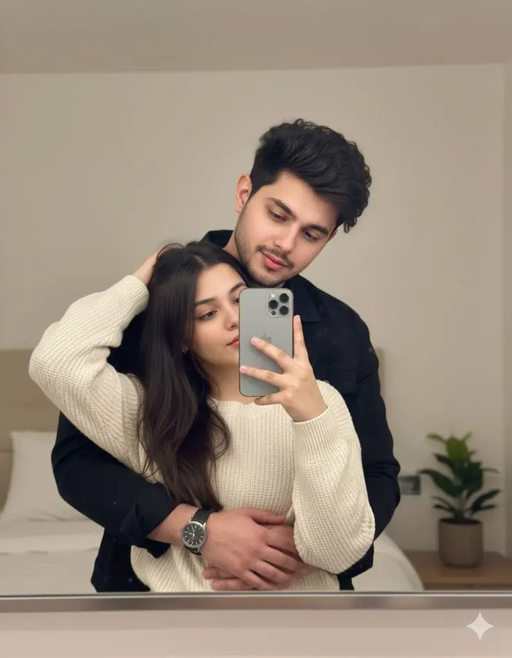 دختر و پسر در حال عکس گرفتن جلوی آینه، نشاندهنده تفاوت رضایت و خوشحالی واقعی رابطه با ظاهر مجازی آن